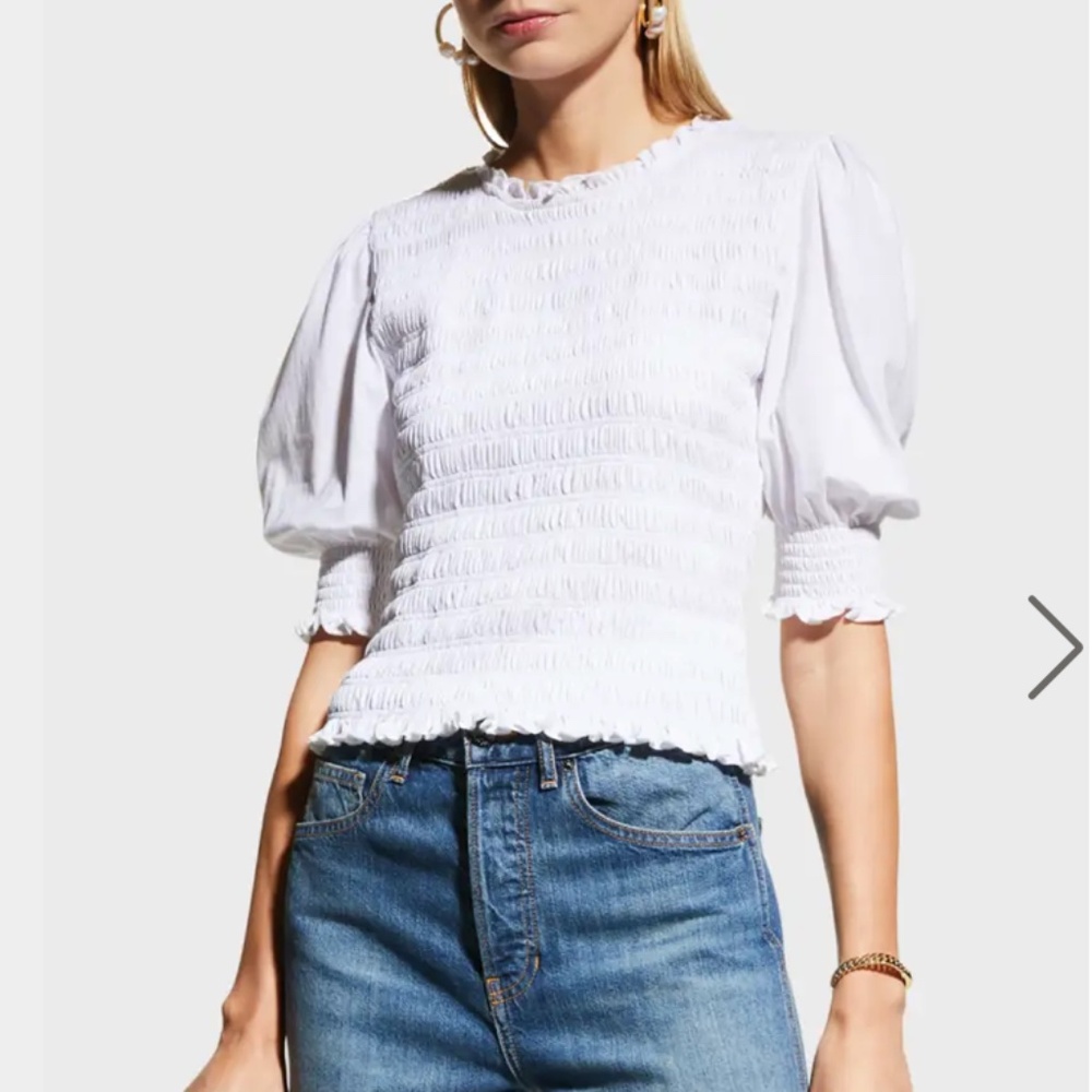 Veronica Beard Langston Smocked Top - White, size S